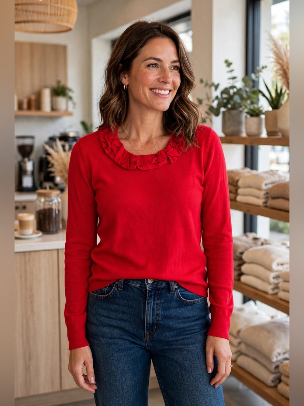 Jones New York Bright Red Ruffle Collar Long Sleeve Top
